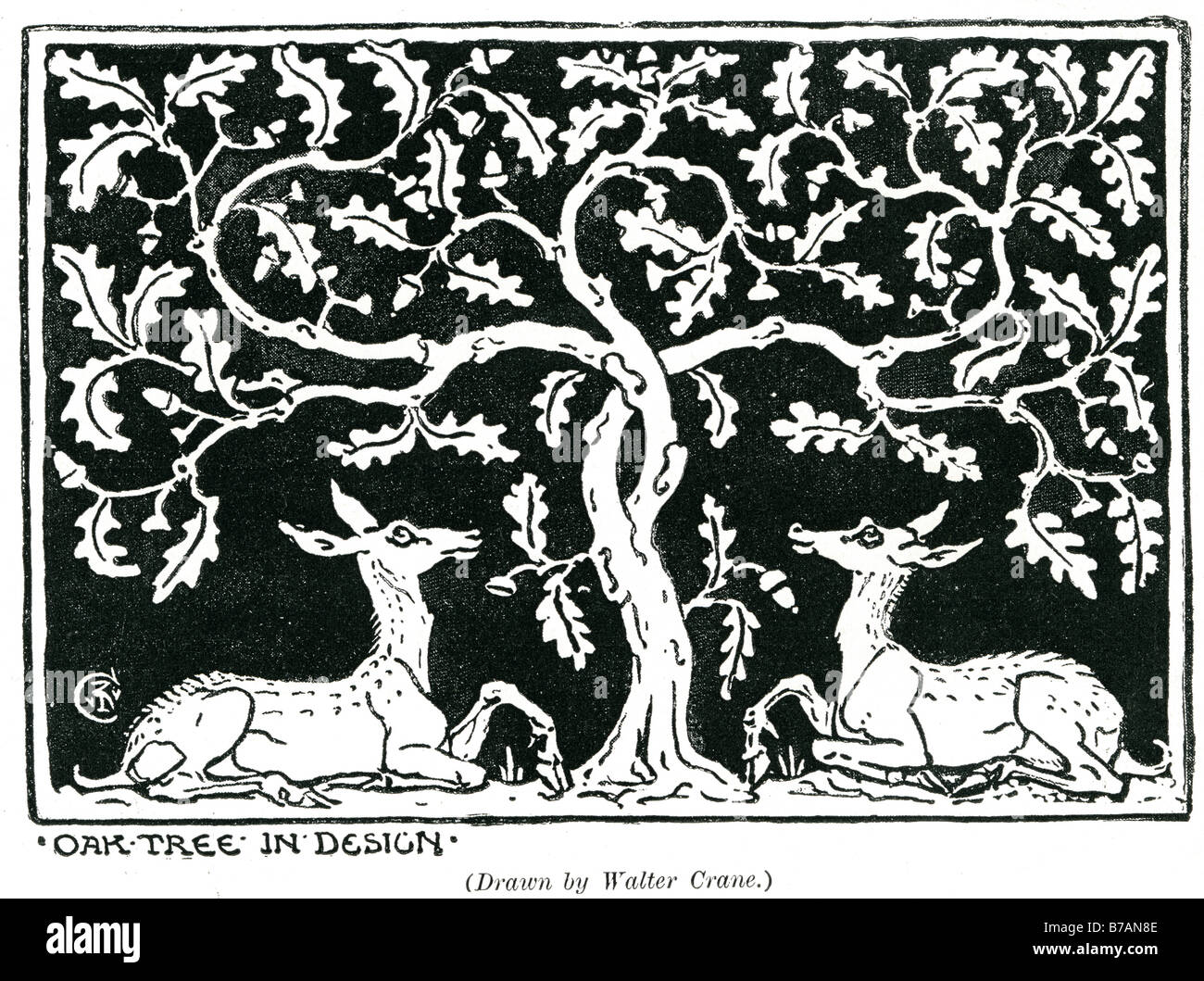 Oak tree design deer figure Walter Crane 15 Août 1845 - 14 mars 1915 était un artiste et illustrateur de livres. Lui et wi Banque D'Images