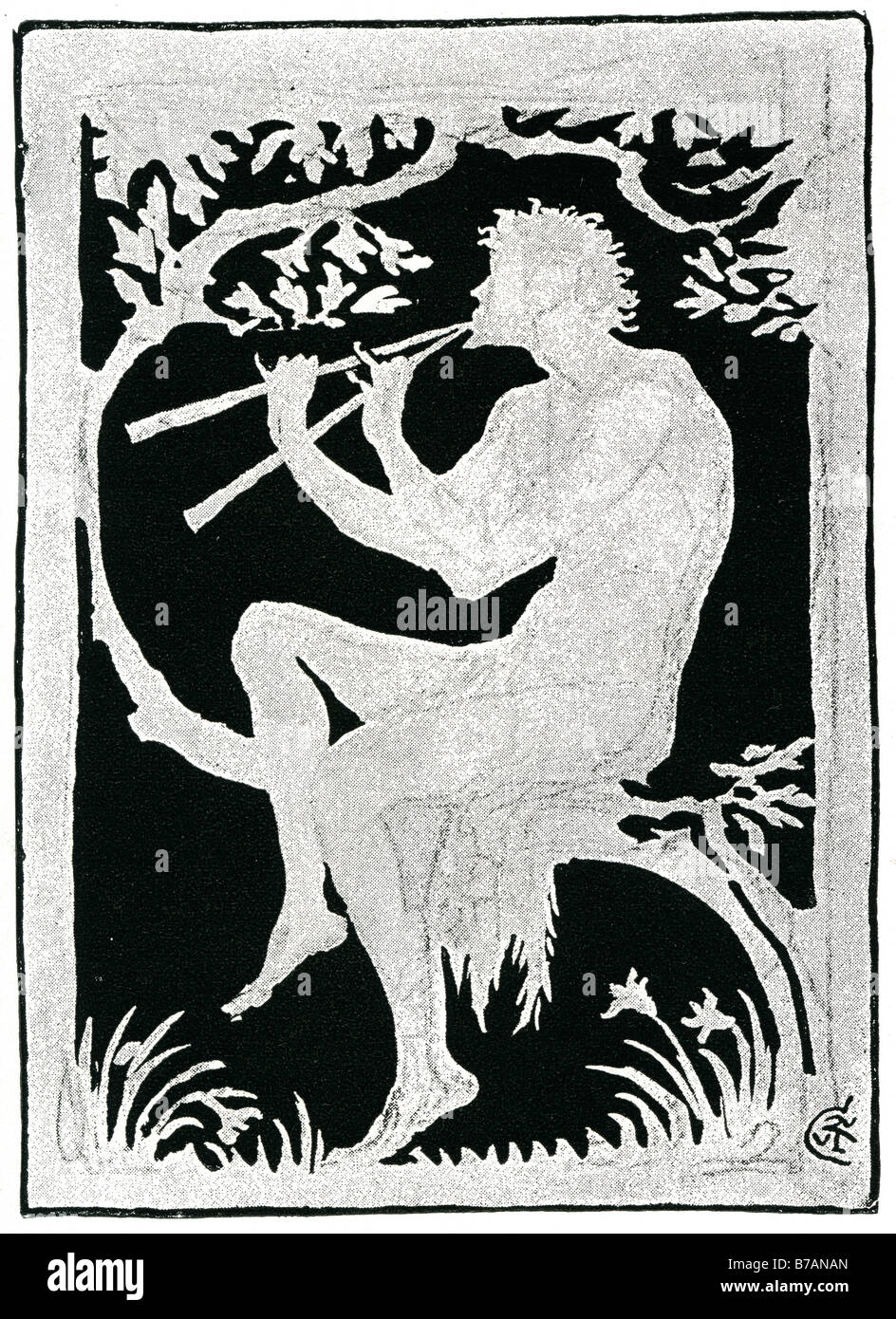 Homme jouant de la fute arbre branche assis corne encore de Walter Crane (15 août 1845 - 14 mars 1915) était un artiste anglais et livre i Banque D'Images