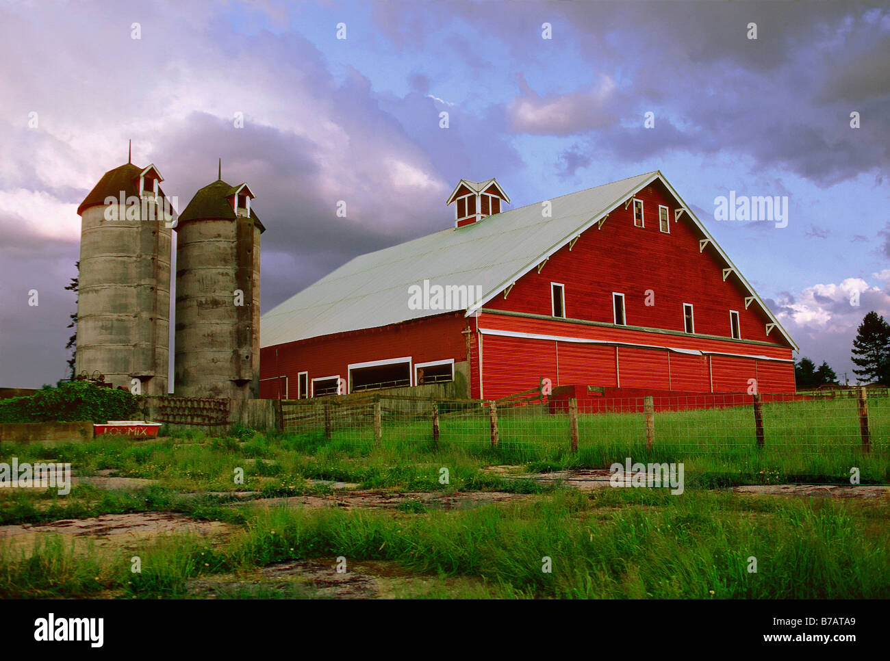 Siècle, ancienne grange avec un toit à pignons , coupole et silos dans le nord-ouest de Washington sur un jour de tempête Banque D'Images