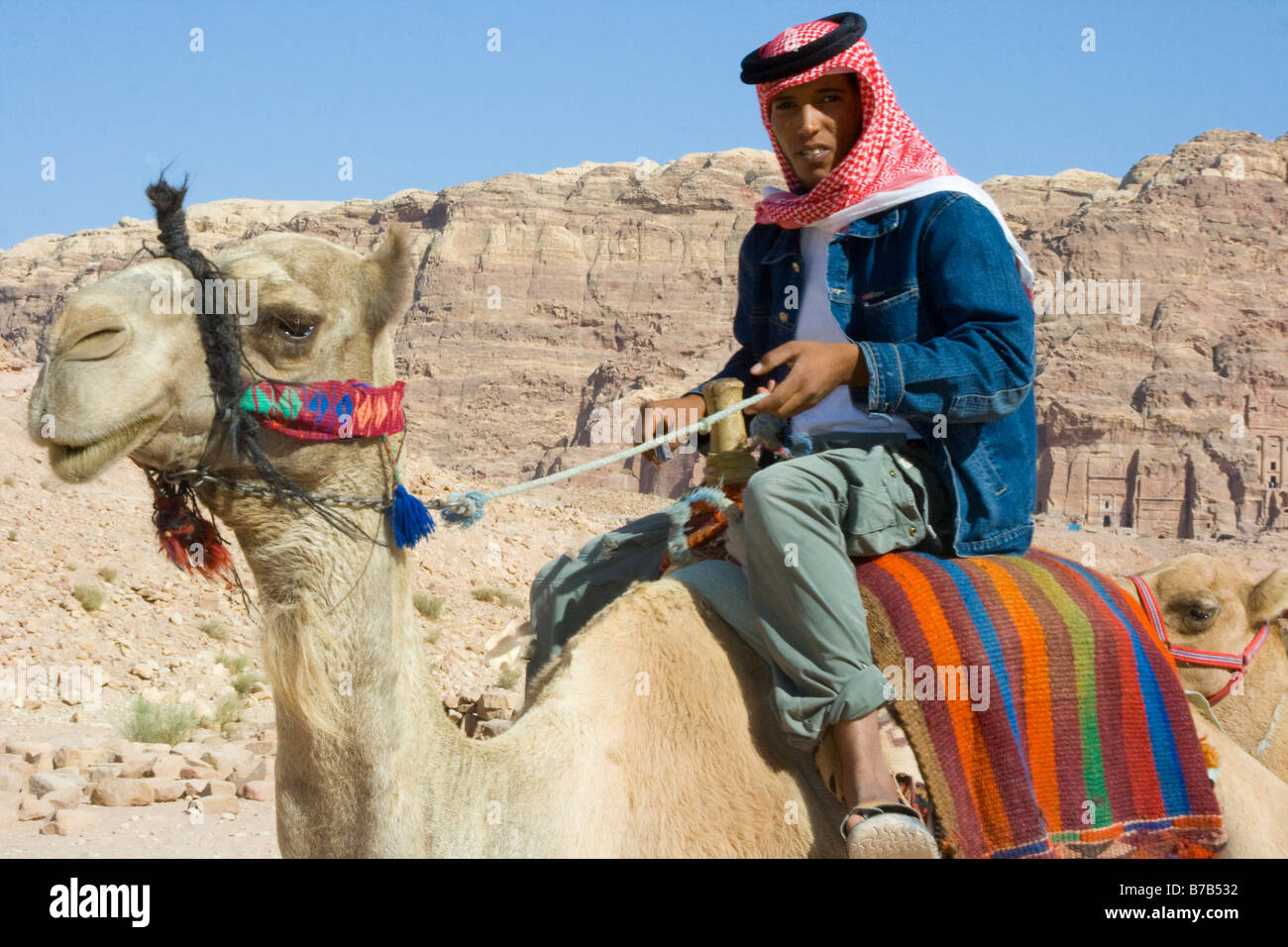 Jeune homme Bédouin monté sur un chameau à Petra en Jordanie Banque D'Images