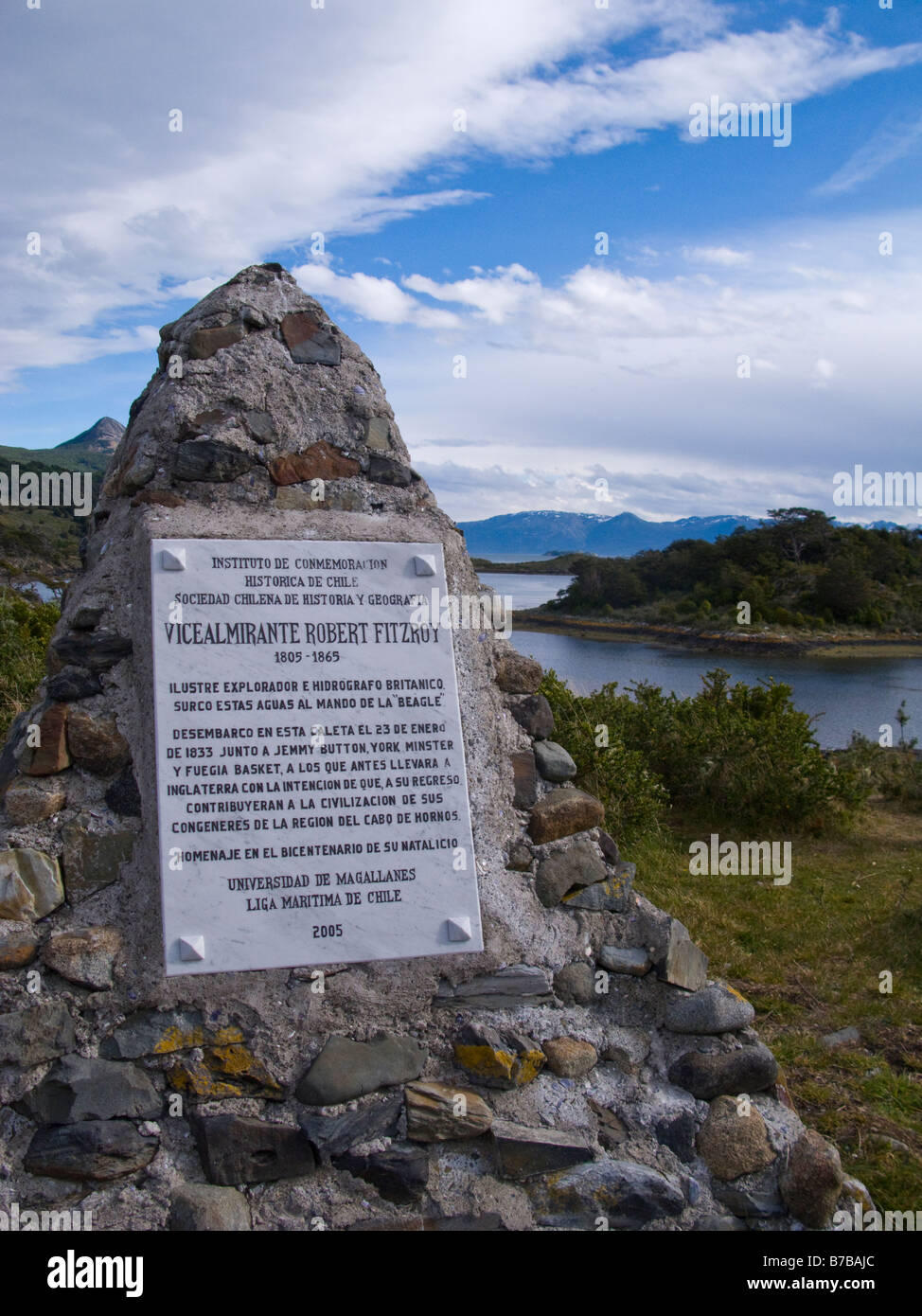 Monument à vice-roi Robert Fitzroy Wulaia Bay Patagonie Chili Amérique du Sud Banque D'Images