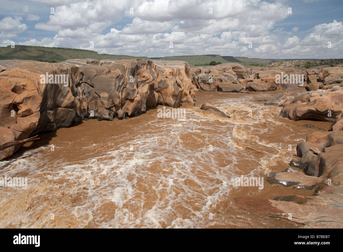 Les roches érodées ci-dessous Lugards Falls Parc national de Tsavo East au Kenya Banque D'Images