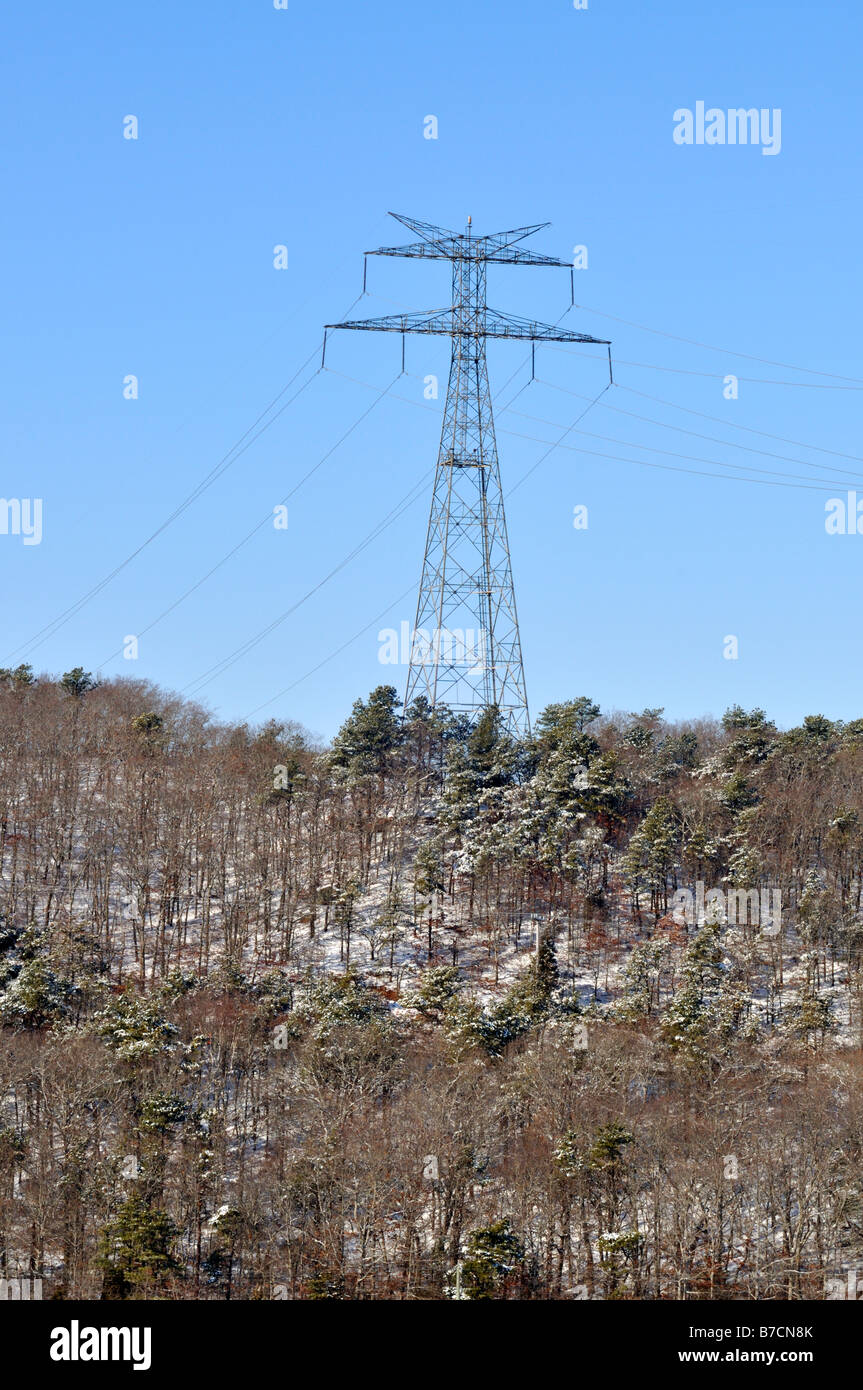 Tour pour les lignes électriques haute tension en hiver avec la neige arbres et ciel bleu Banque D'Images