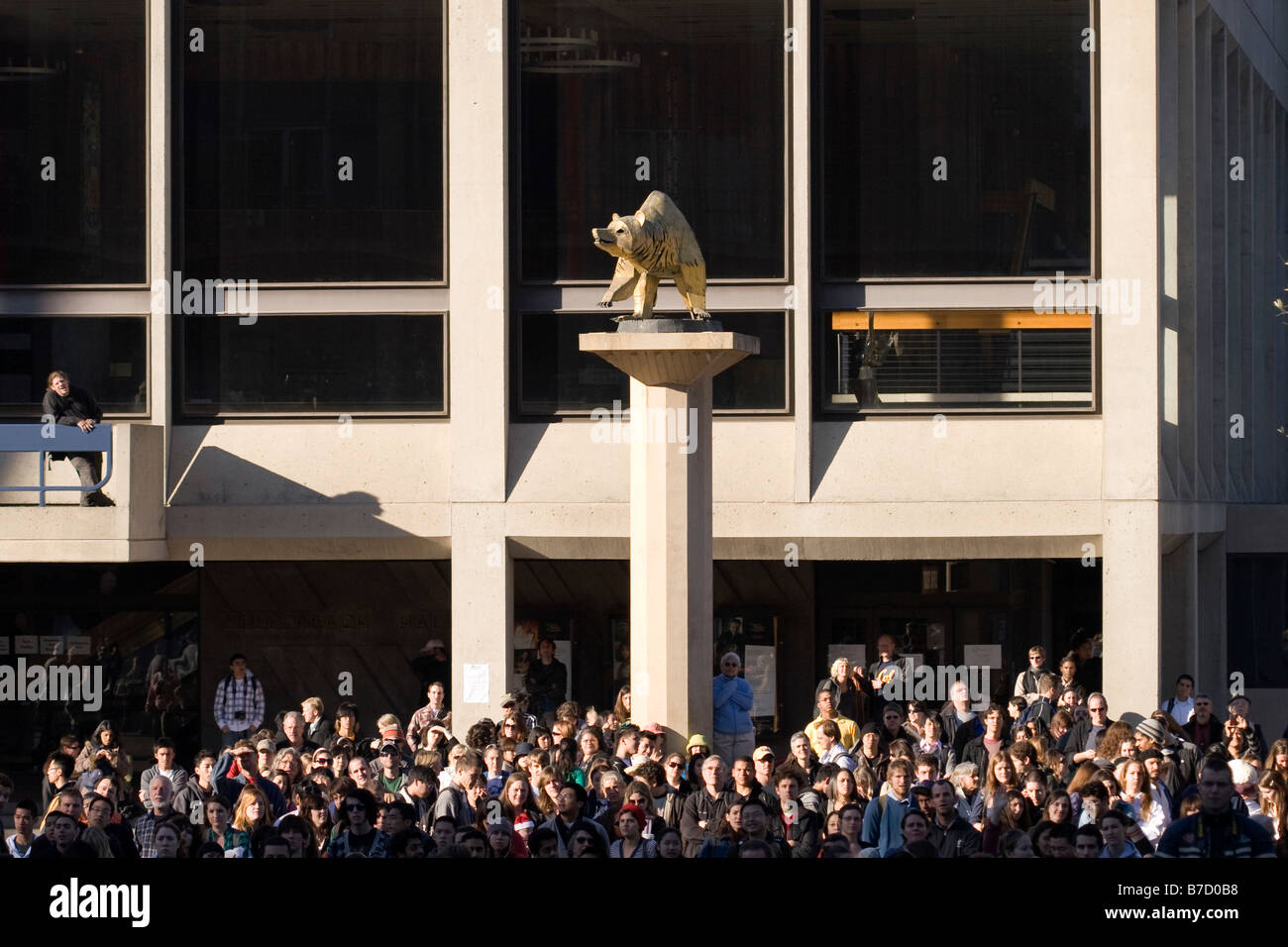 Le premier regardant foule en face de Zellerbach Hall's Cal statue d'ours à l'Université de Californie à Berkeley. Banque D'Images