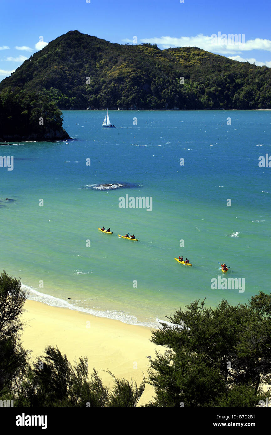 Une partie de la palette des kayaks le long d'une des plages du parc national abel tasman, Nelson, Nouvelle-Zélande Banque D'Images