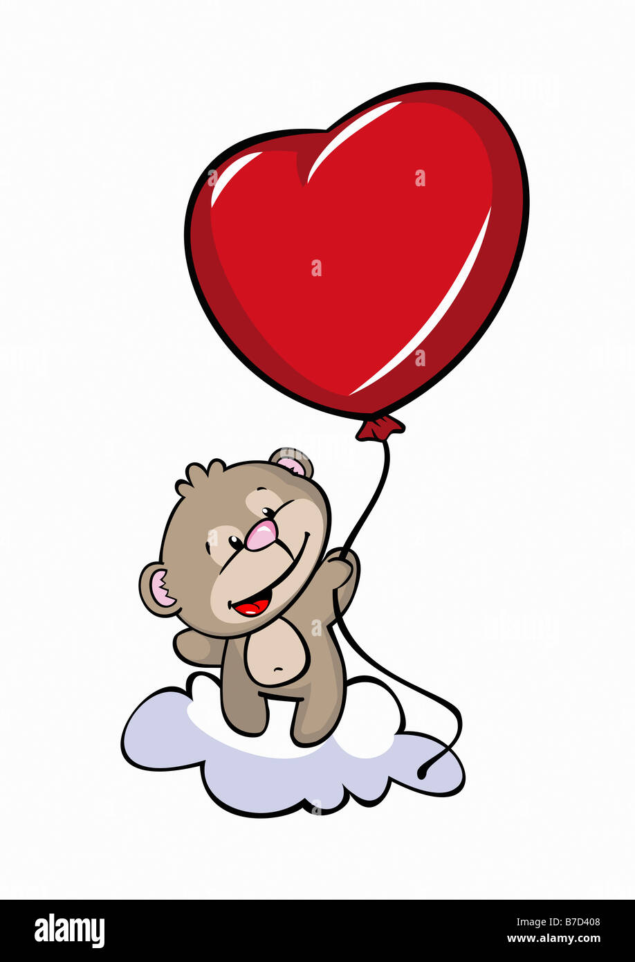 Un dessin animé sur un nuage permanent de l'ours et la tenue d'un ballon coeur Banque D'Images