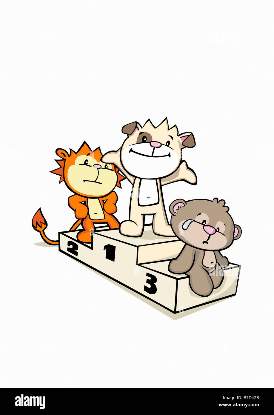 Trois animaux cartoon debout sur un podium gagnants Banque D'Images