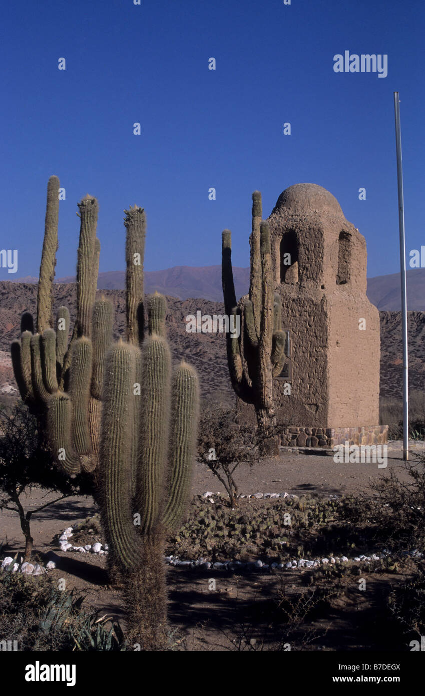 Torre de Santa Barbara et cardón cactus (Echinopsis atacamensis, anciennement Trichocereus sp), Humahuaca, Argentine Banque D'Images