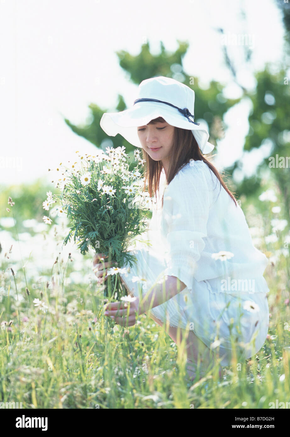 Femme dans champ de fleur Banque D'Images