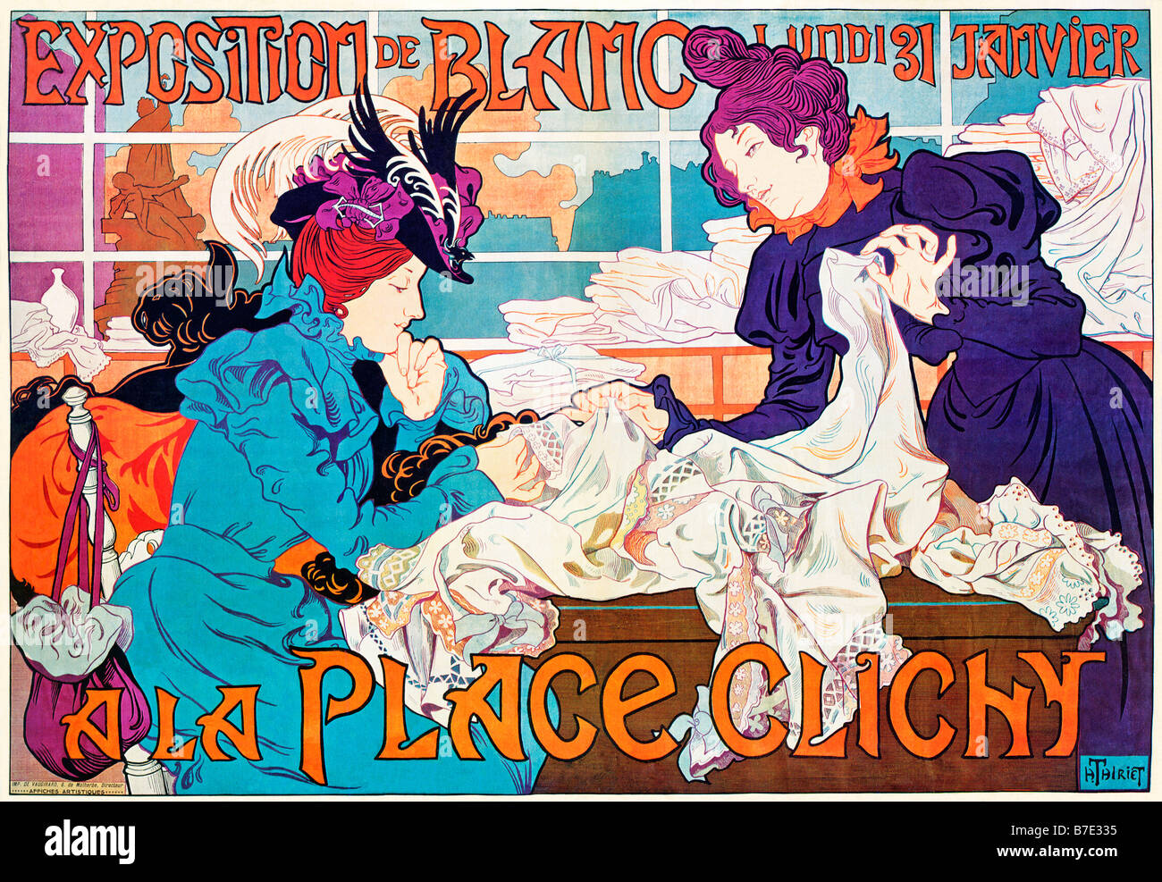 Exposition de Blanc 1900 affiche Art Nouveau par Thiriet pour le magasin de vente en Place Clichy , pour un trousseau de mariée Banque D'Images Exposition de Blanc 1900 affiche Art Nouveau par Thiriet pour le magasin de vente en Place Clichy , pour un trousseau de mariée Banque D'Images