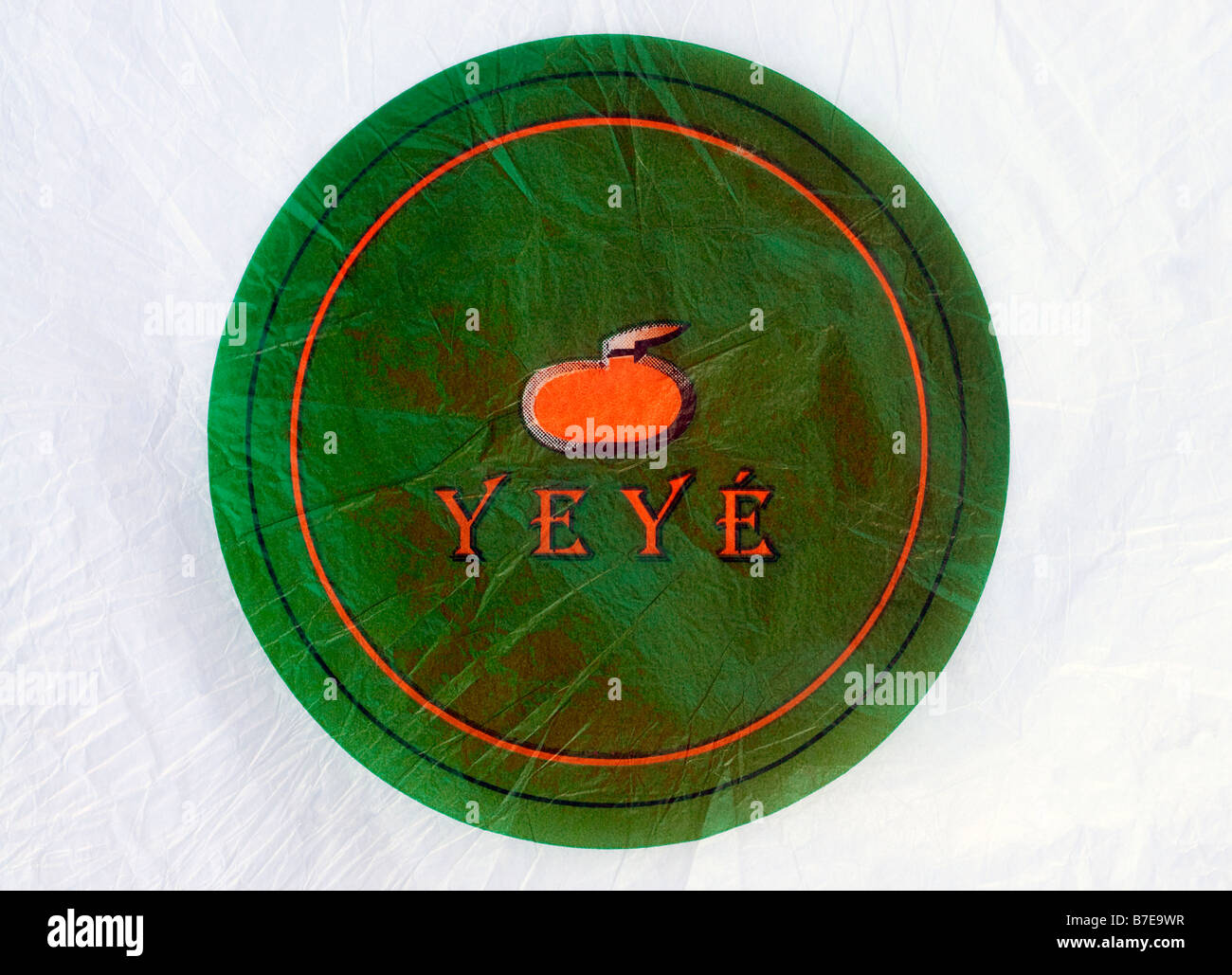 Imprimés éphémères / agrumes wrapper à partir de l'Espagne - cercle vert et les fruits illustration sur papier de soie. Banque D'Images