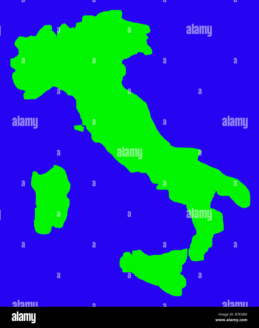 Carte de l'Italie en vert isolé sur fond bleu Banque D'Images