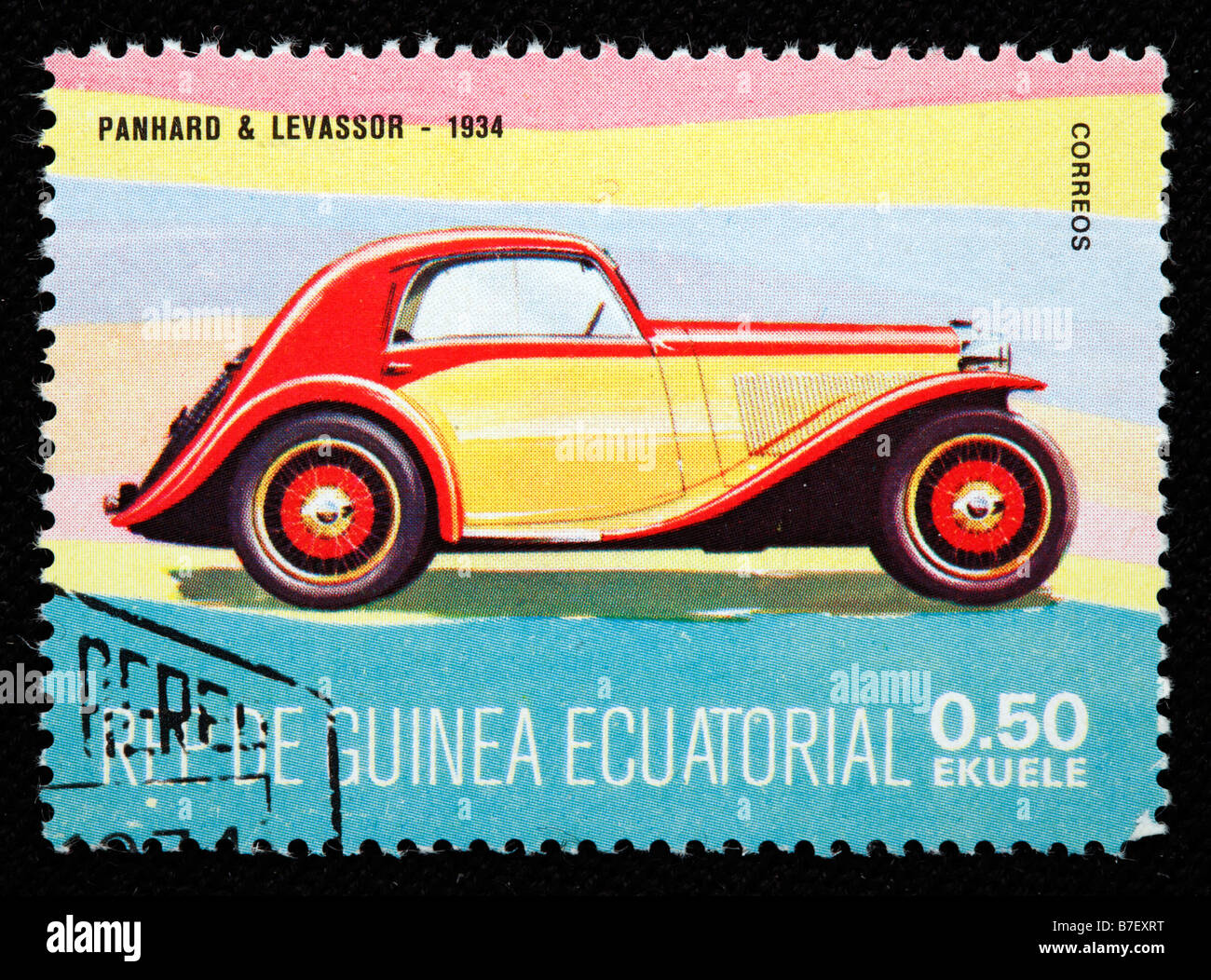 Histoire de transport location Panhard et Levassor (1934), timbre-poste, Guinée équatoriale Banque D'Images