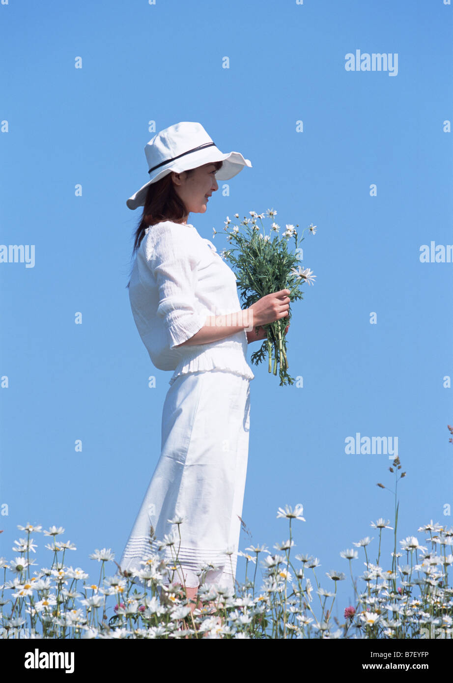 Femme dans champ de fleur Banque D'Images