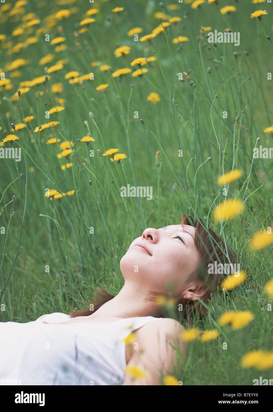 Young woman lying in field Banque D'Images