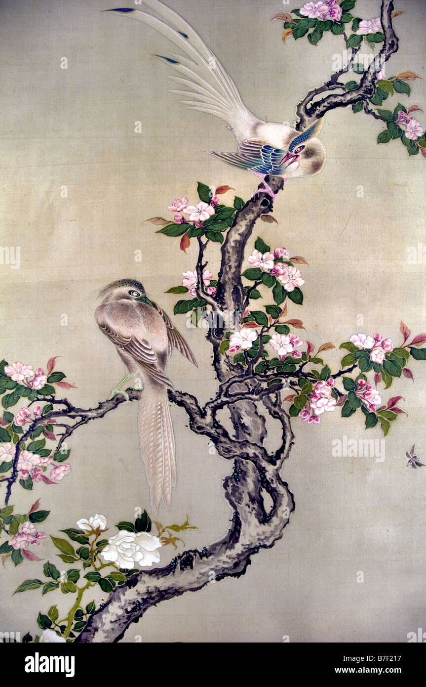 Oiseaux et fleurs par Mori Ransai 17401801 Hanging scroll couleur de l'encre sur soie chine chinese Banque D'Images