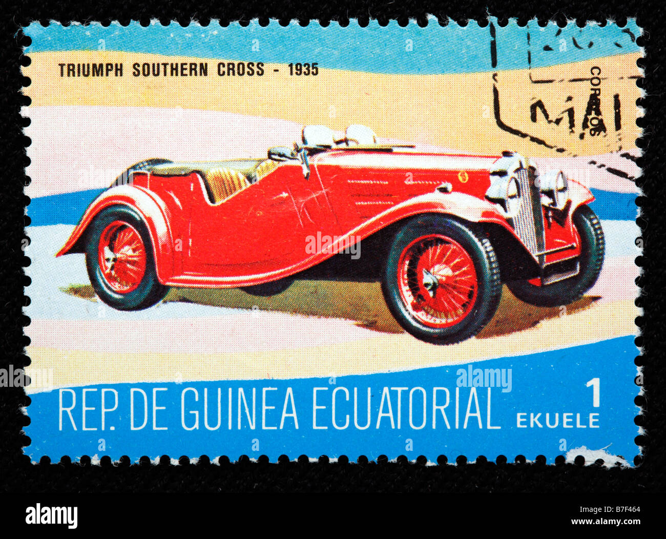 Histoire des transports, location Triumph Croix du Sud (1935), timbre-poste, Guinée équatoriale Banque D'Images