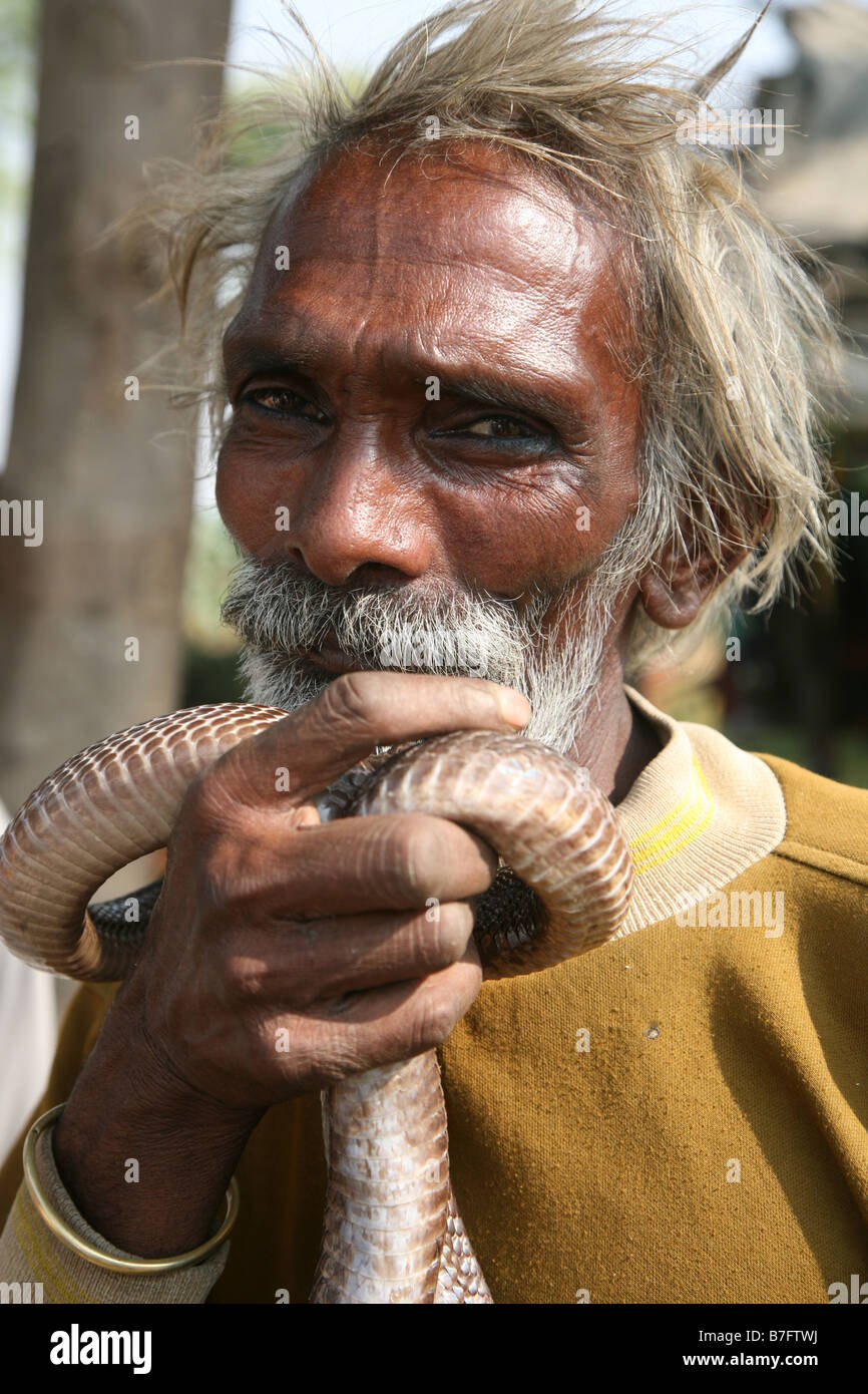 Charmeur de serpent détient deux cobras près de Khajuraho Madhya Pradesh, Inde Banque D'Images