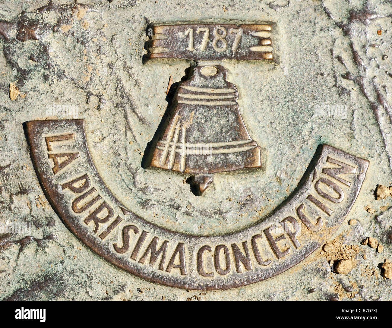 Mission La Purisima Concepcion plaque sur statue à la California State University Sacramento Banque D'Images