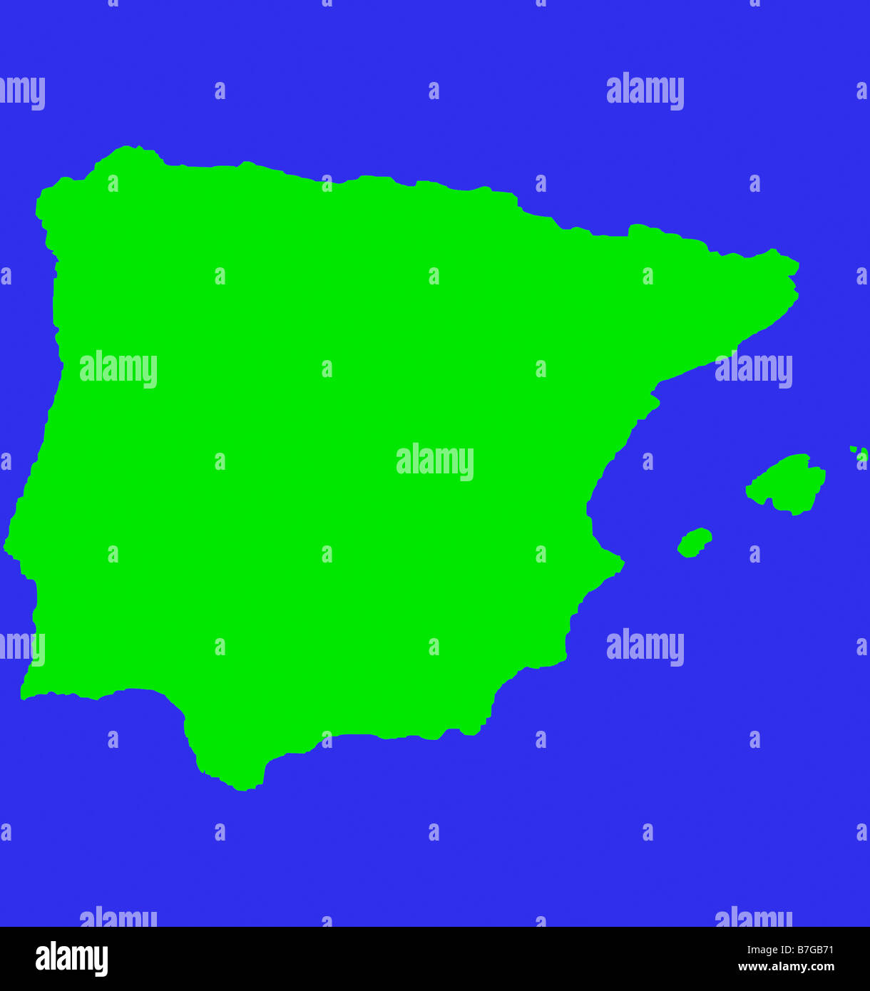 Carte de l'Espagne et les îles Baléares isolé sur fond bleu Banque D'Images