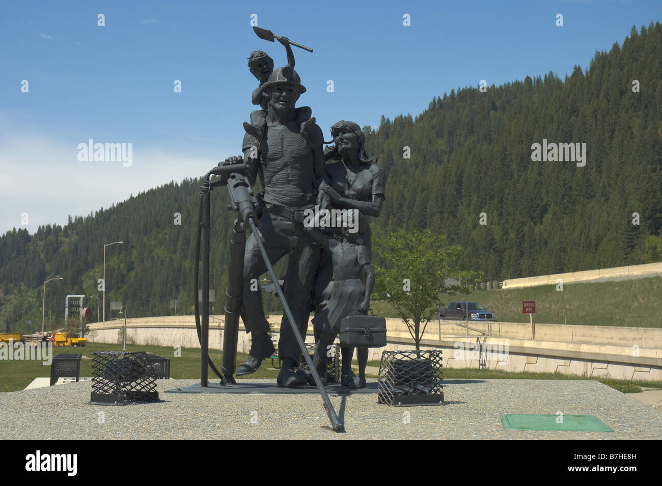 Sculpture en bronze de mineurs dans la famille Wallace, Kootenai Comté, California, USA Banque D'Images