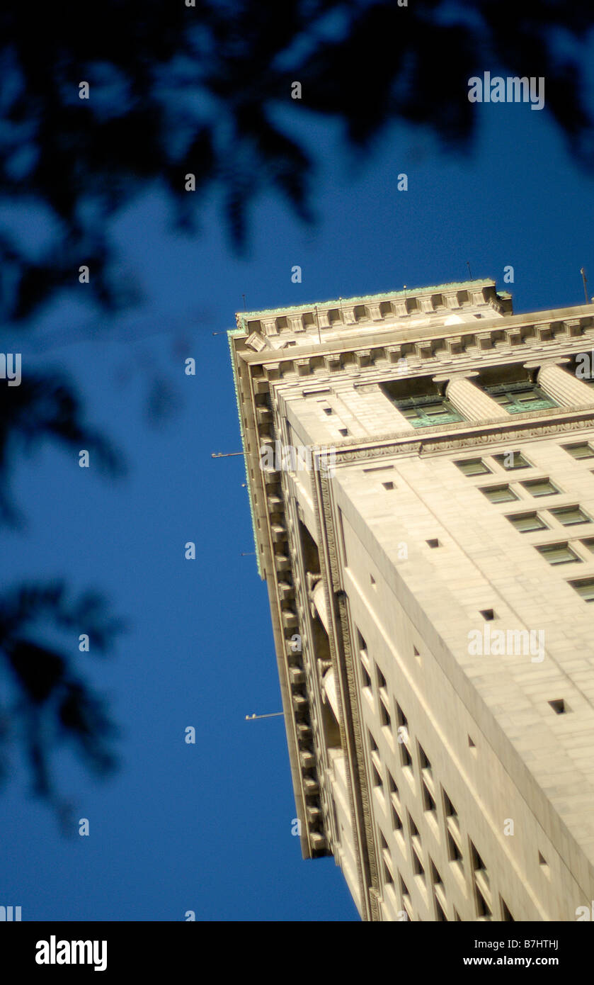 Un bâtiment entourée d'arbres s'élève dans le ciel bleu Banque D'Images