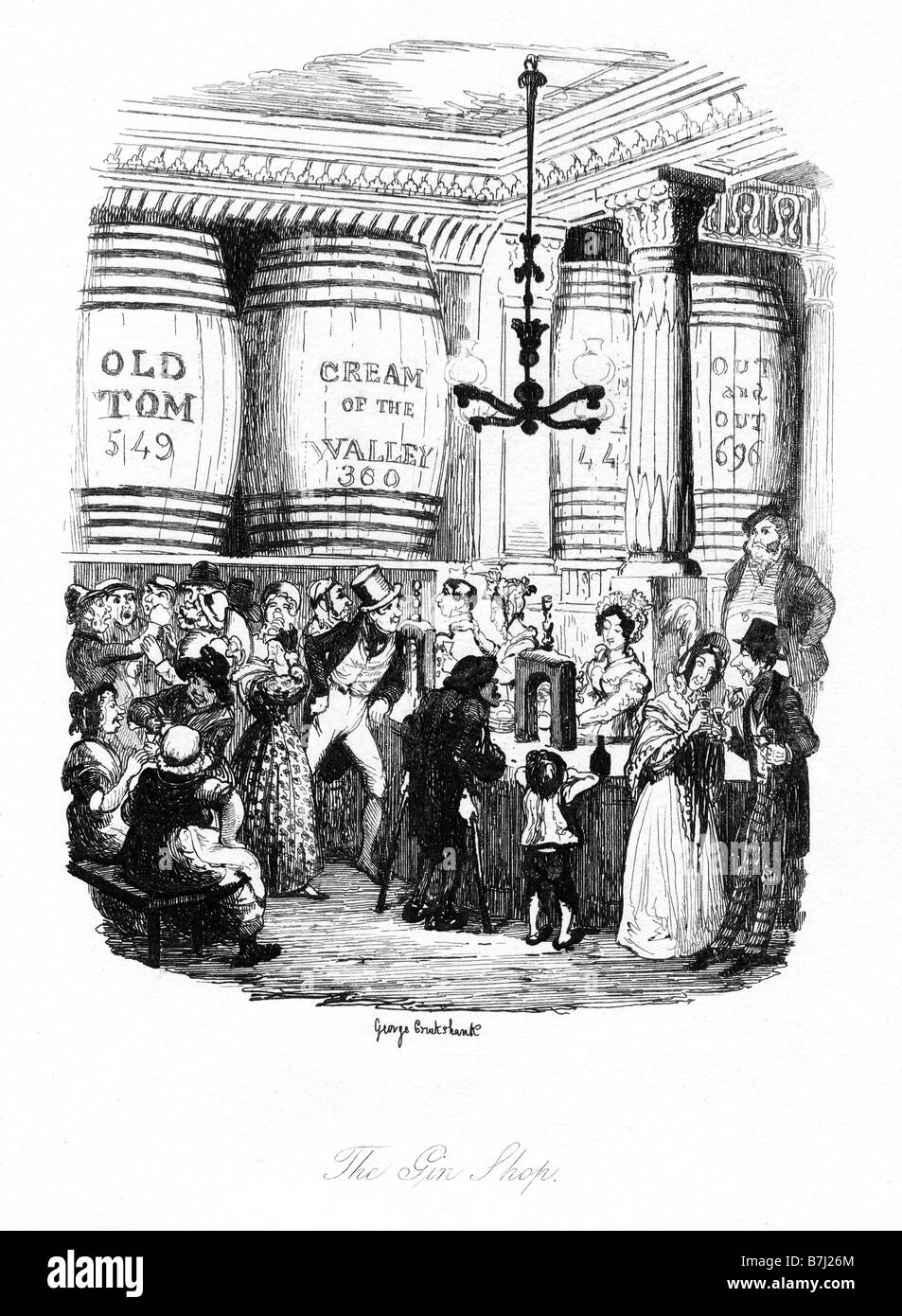 Croquis par Boz Le Gin Shop illustration par George Cruikshank d'une foule joyeuse dans le premier livre de Charles Dickens Banque D'Images