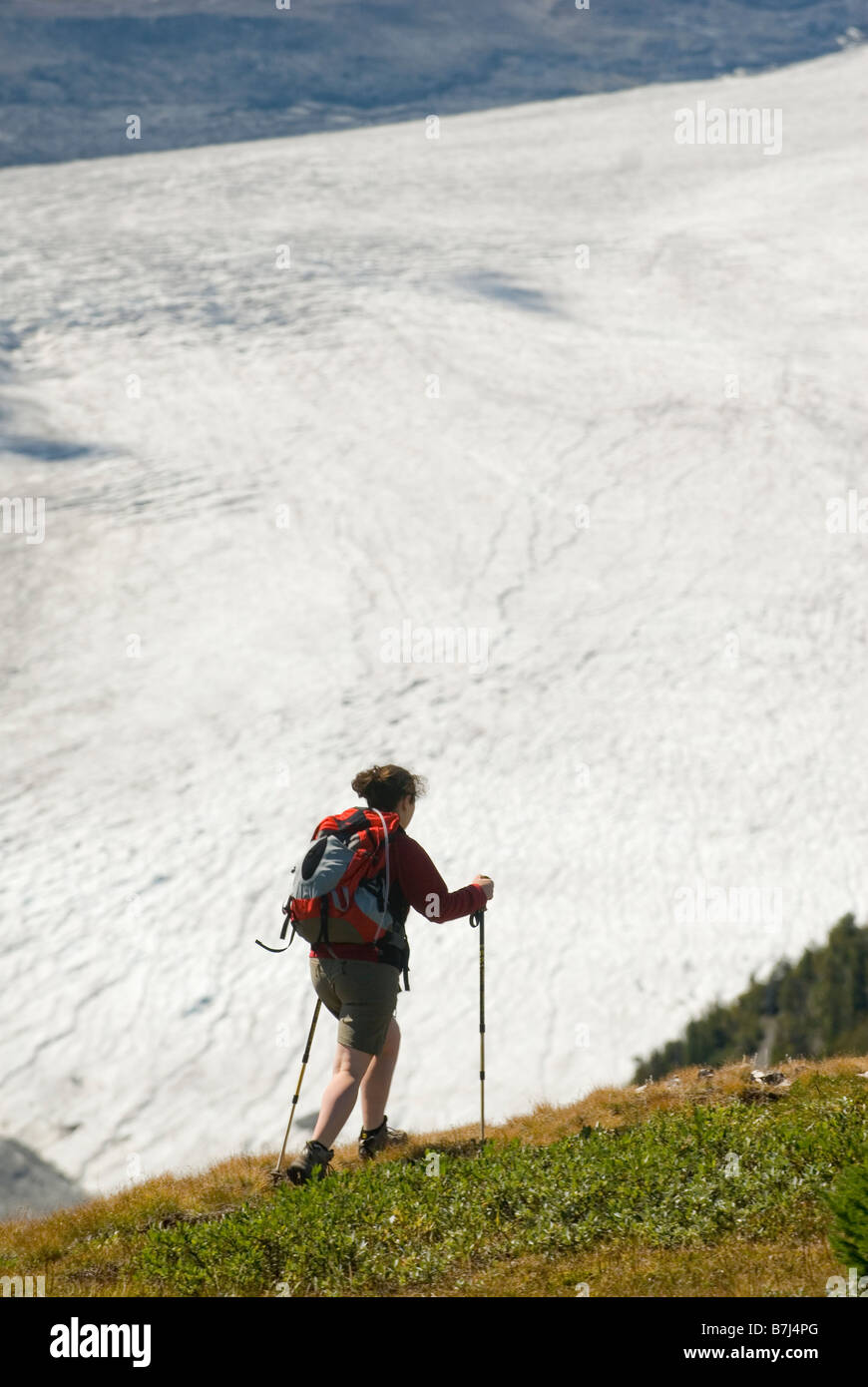 Femme (20-25) La randonnée sur une crête au-dessus d'une grande glace, Parker Ridge, Jasper National Park, Alberta, Canada Banque D'Images