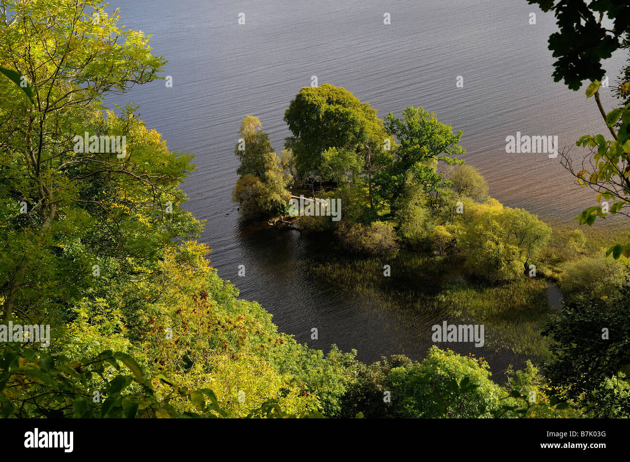 À la flèche vers le bas, sur une île artificielle néolithique crannog ou près de l'extrémité ouest du Loch Tay Perthshire Scotland UK Banque D'Images