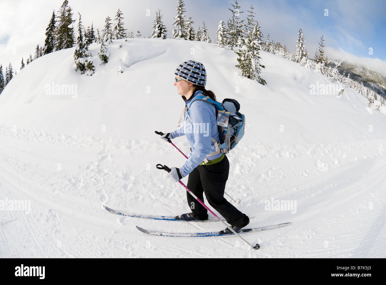 Une femme ski de fond, le parc provincial Strathcona près de Courtenay, BC, Canada Banque D'Images