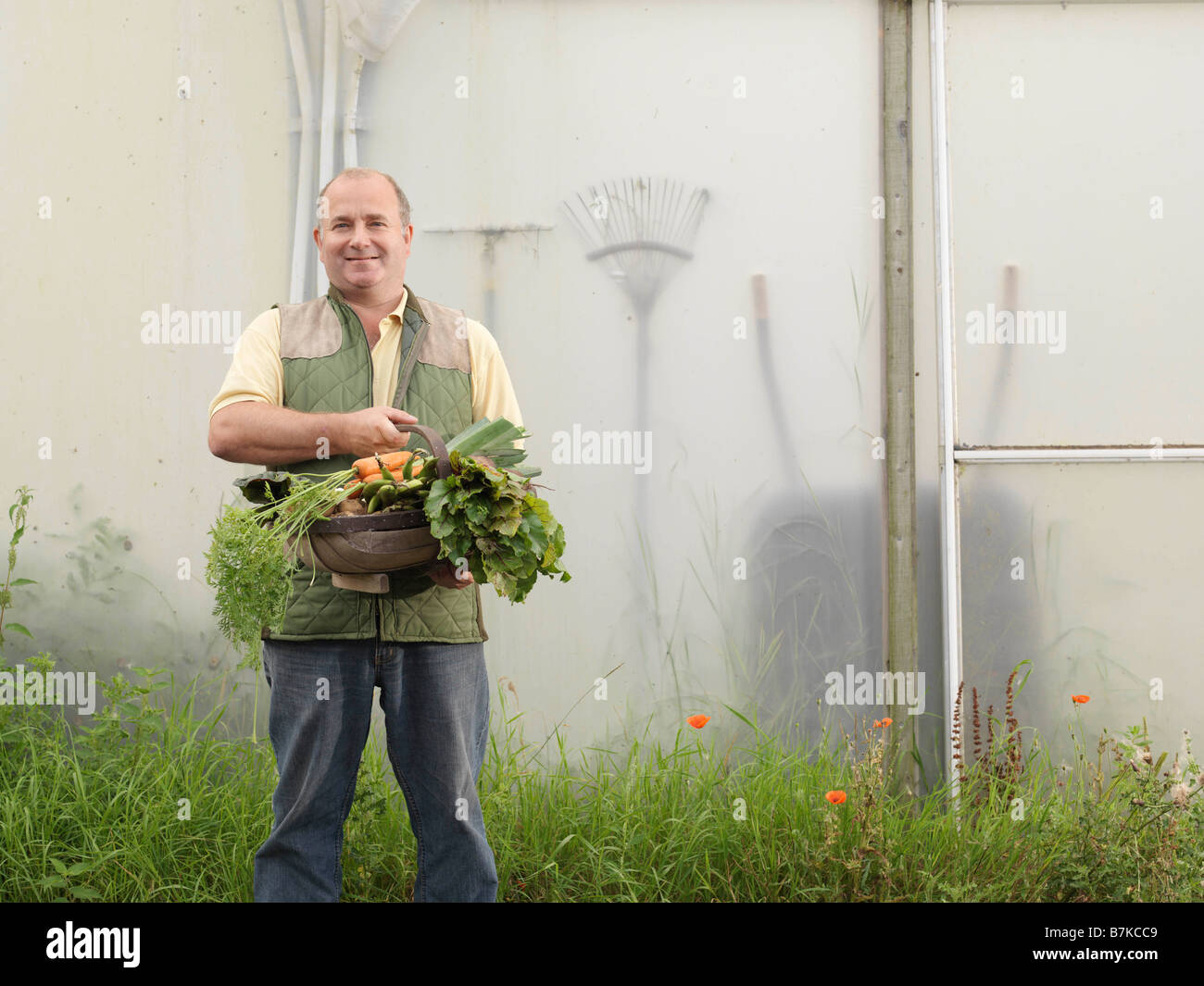 Agriculteur avec panier de légumes Banque D'Images