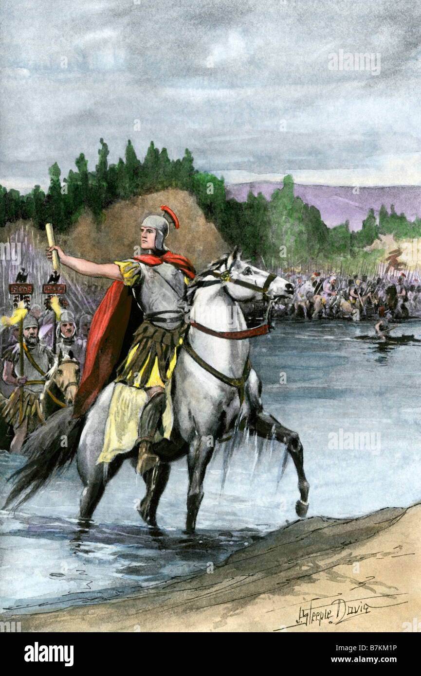 Jules César traverse le Rubicon pour commencer une guerre civile en 49 avant JC. La main, d'une illustration de demi-teinte Banque D'Images