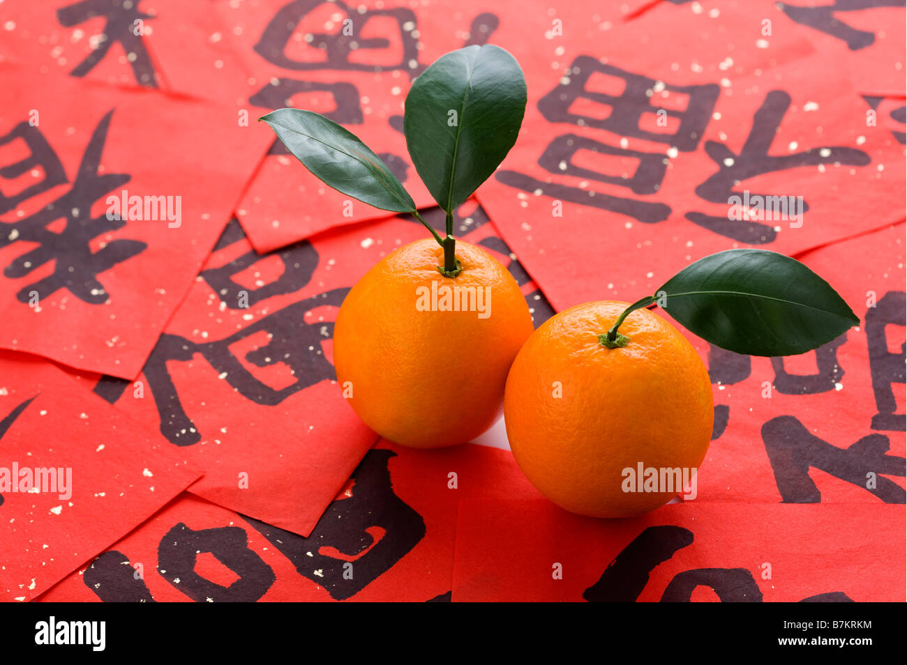 Close-up de deux oranges sur l'écriture chinoise Banque D'Images