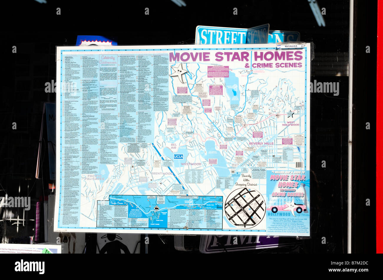 Vitrine afficher la carte montrant une visite de hollywood movie star homes des scènes de crime à Los Angeles ne tourisme visites Banque D'Images