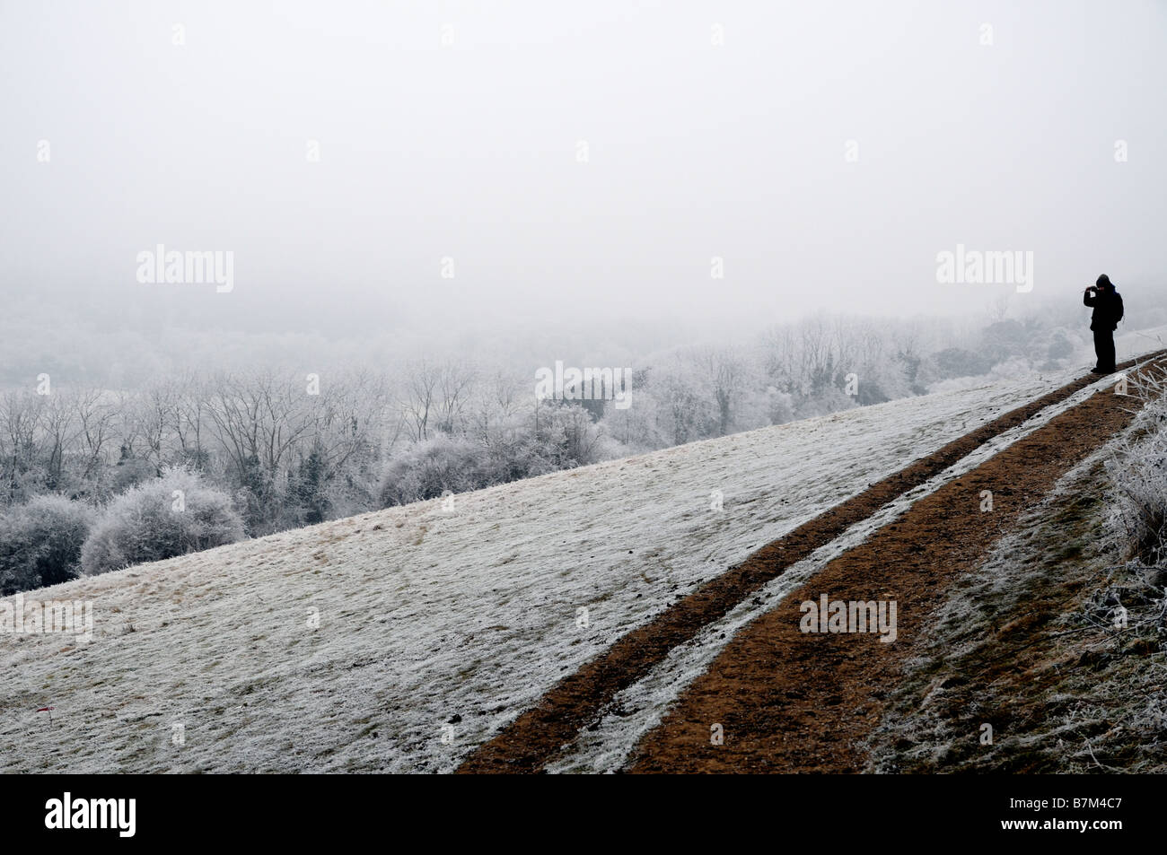 Un marcheur s'arrête pour photographier le paysage d'hiver à Newlands Corner sur les collines du Surrey en Angleterre. Banque D'Images