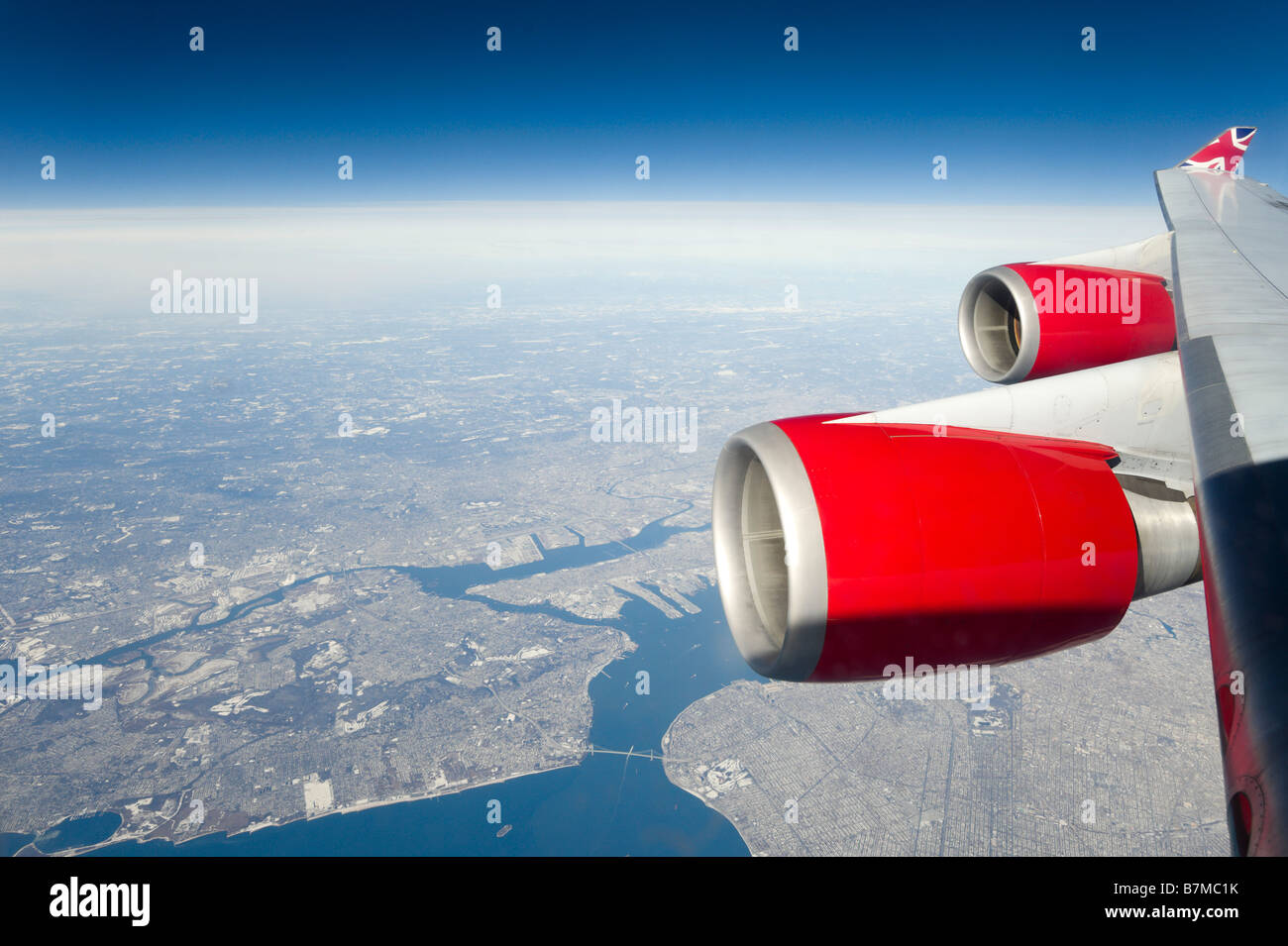New York City vue d'un Virgin Atlantic Airways Boeing 747-400 à 36000 ft, USA Banque D'Images