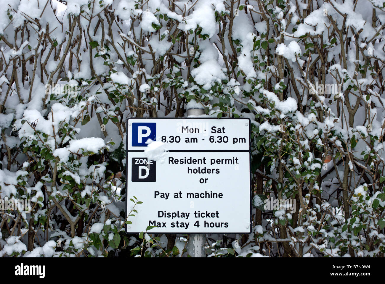 Signe de route avec parking instructions et restrictions, contre l'arbre couvert de neige des branches, à Twickenham, Middlesex, Angleterre Banque D'Images