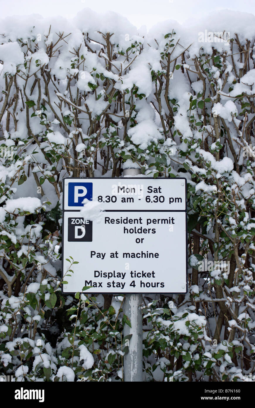 Signe de route avec parking instructions et restrictions, contre l'arbre couvert de neige des branches, à Twickenham, Middlesex, Angleterre Banque D'Images