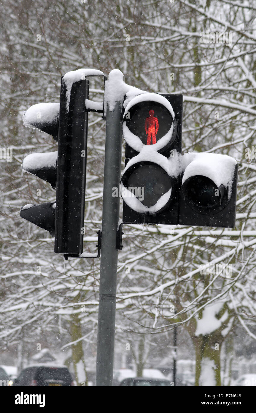 Feux de circulation dans la neige montrant un panneau d'arrêt Banque D'Images