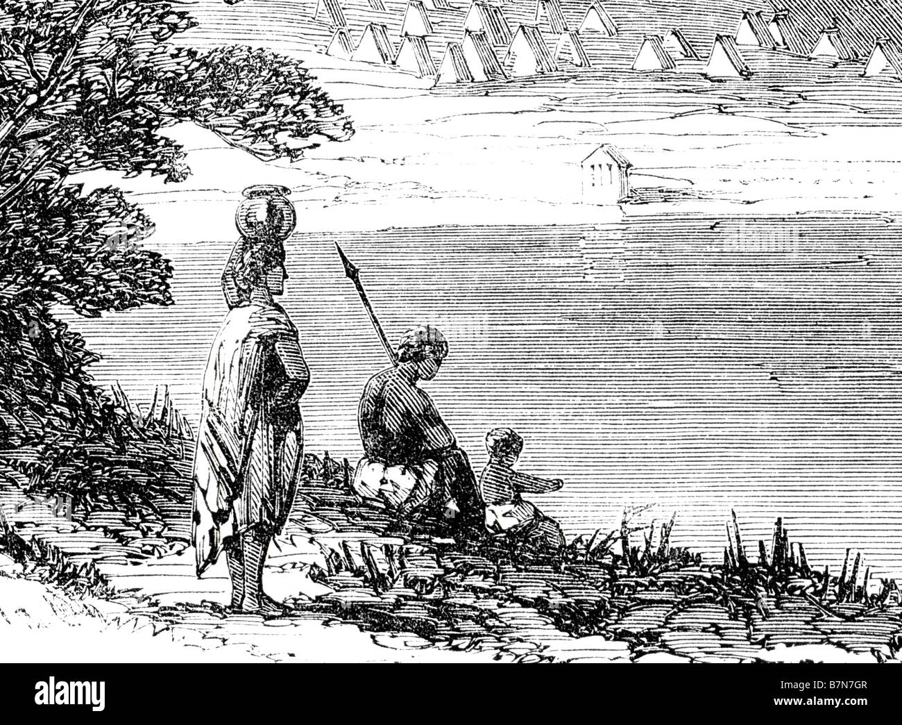 Détail d'une gravure de 1863 montrant une famille malgache au lac Anosy à Antananarivo, Madagascar, l'Illustrated London News Banque D'Images