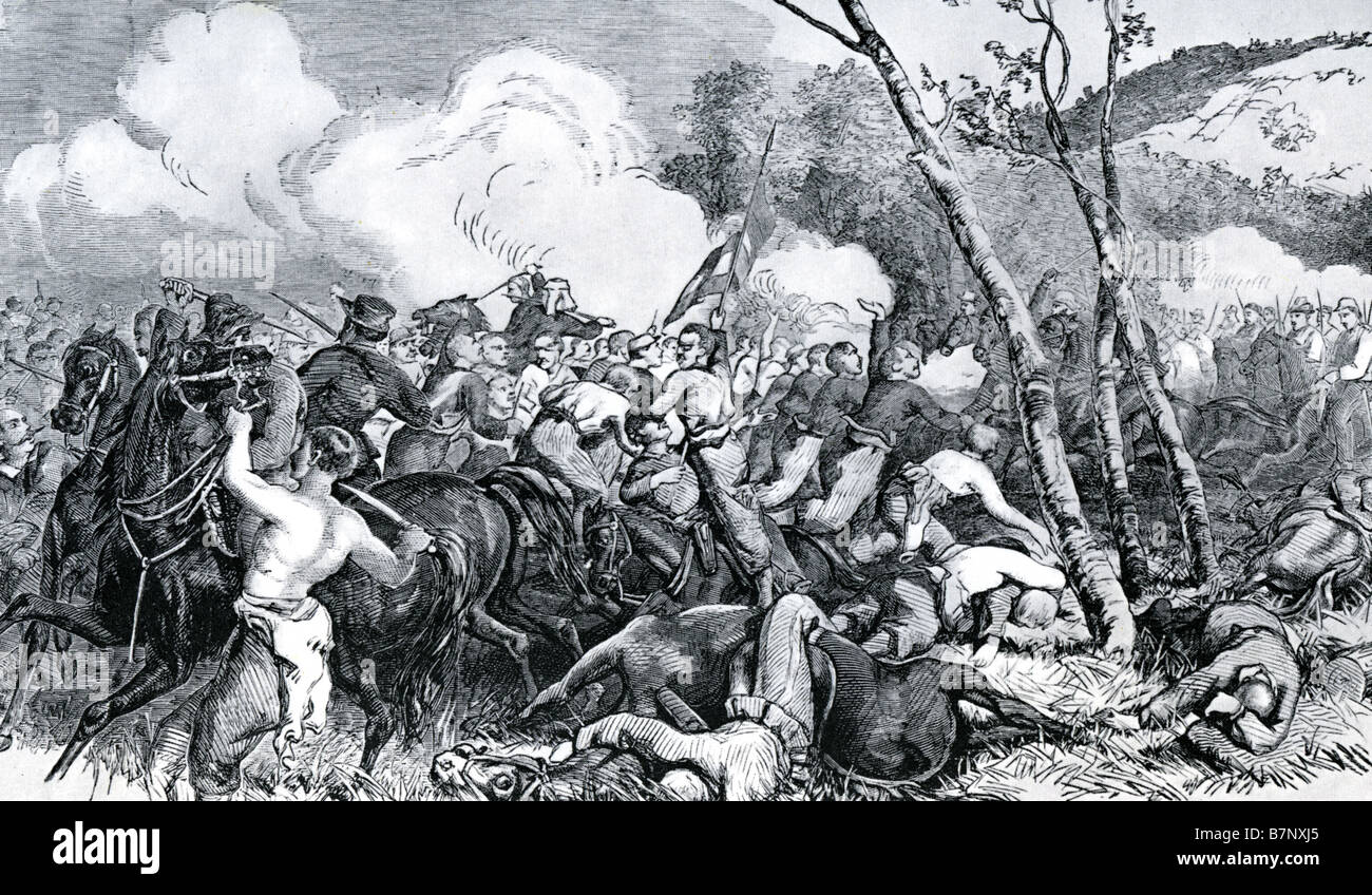 Première bataille de Bull Run 1861 La charge de cavalerie confédérée Cheval Noir Zouves fédéral dans la guerre civile américaine Banque D'Images