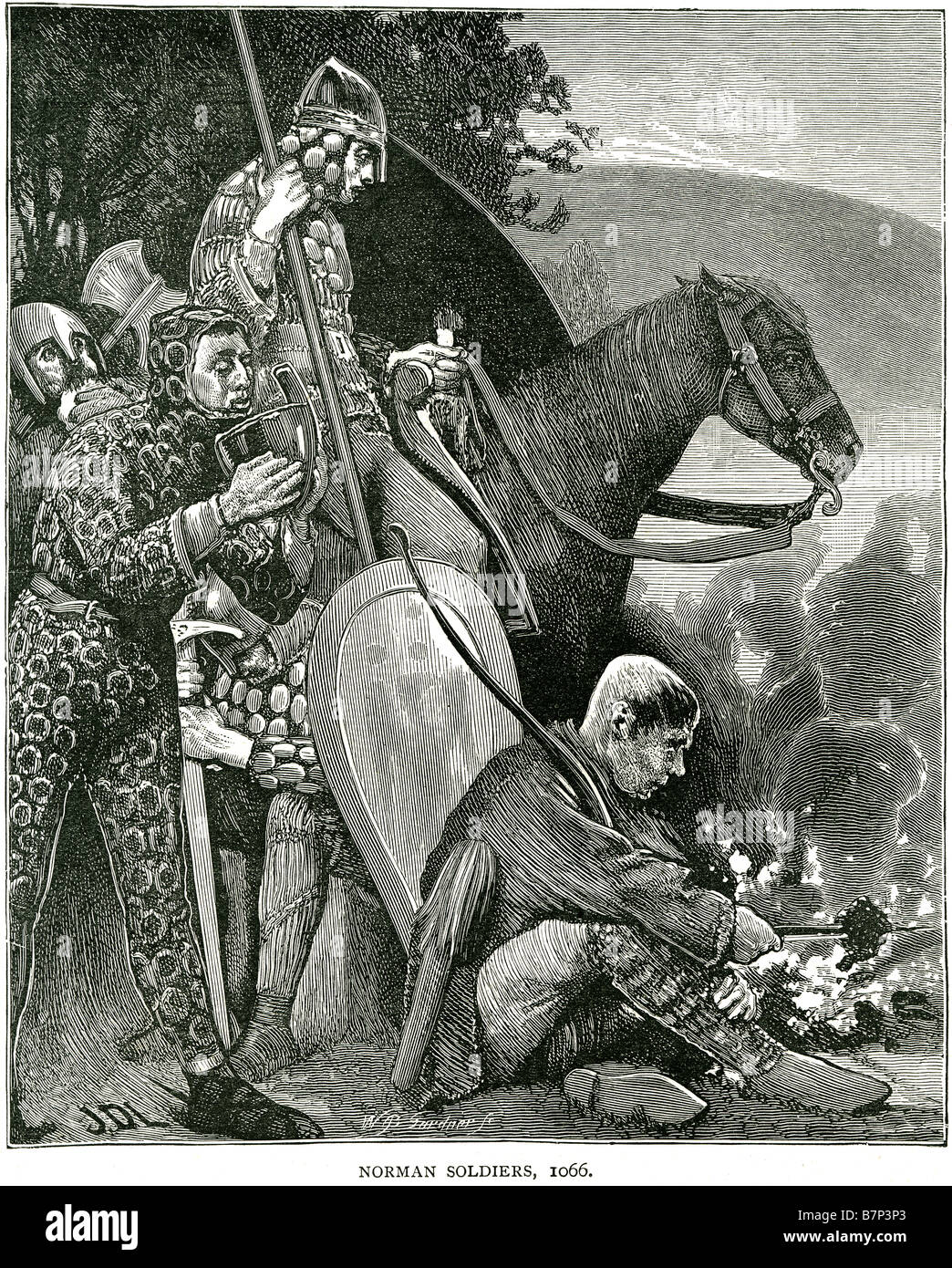 1066 Norman sodiers chain mail bouclier armure épée casque fire food cooking cheval de bataille ax lance assis debout Banque D'Images