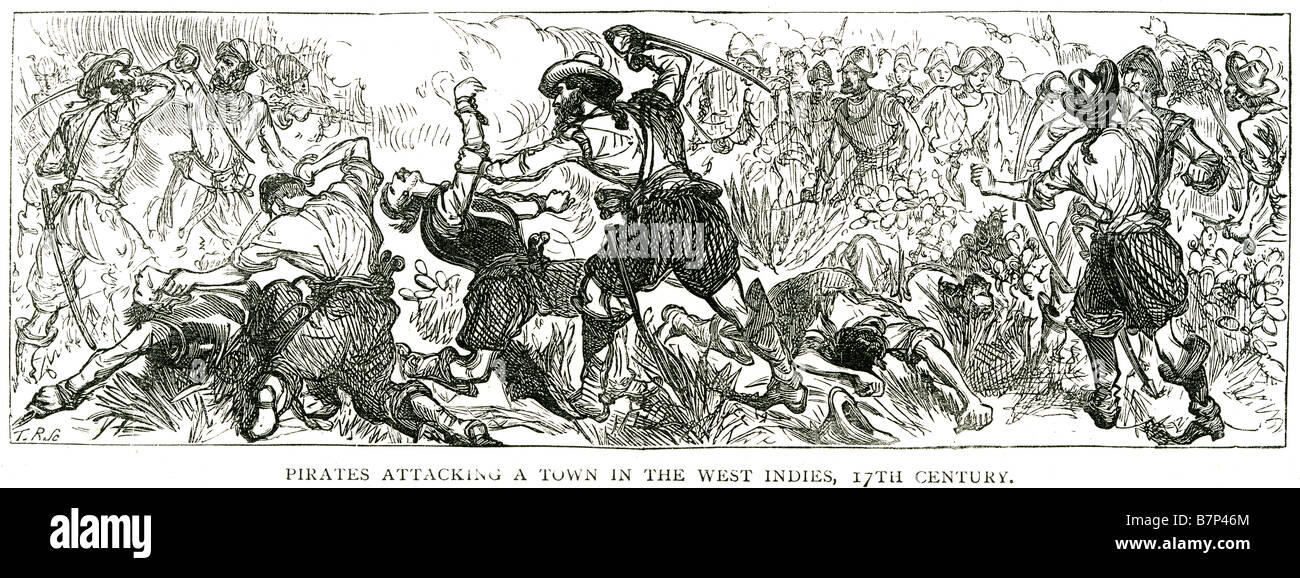 Pirates qui attaquaient town West indies 17e siècle la lutte contre la guerre mort bataille attaque lutte épée couteau poignard tuer le piratage est un warlis Banque D'Images