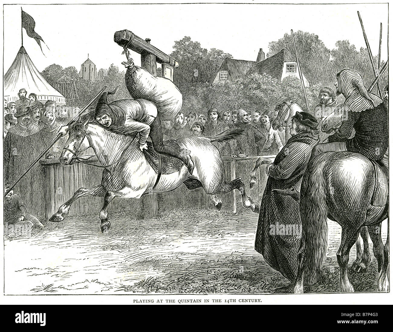 Jouer quintain 14e siècle hosre retour formation sport amusant sac mob foule tente de stabiliser (parfois orthographié 'tentpegging' ou 'tente Banque D'Images