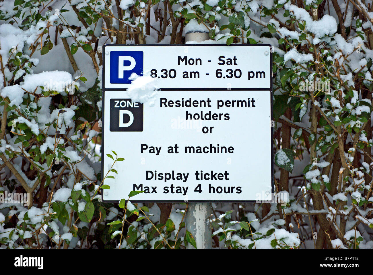 Signe de route avec parking instructions et restrictions, contre l'arbre couvert de neige des branches, à Twickenham, Middlesex, Angleterre Banque D'Images