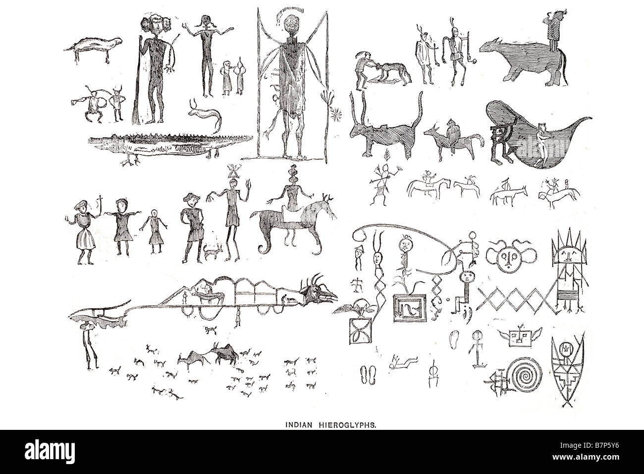 Hieroglyths mots langue indienne ancienne tradition traduction action cheval Animaux dessin Enfant Femme Homme ridin chasse commerce Banque D'Images