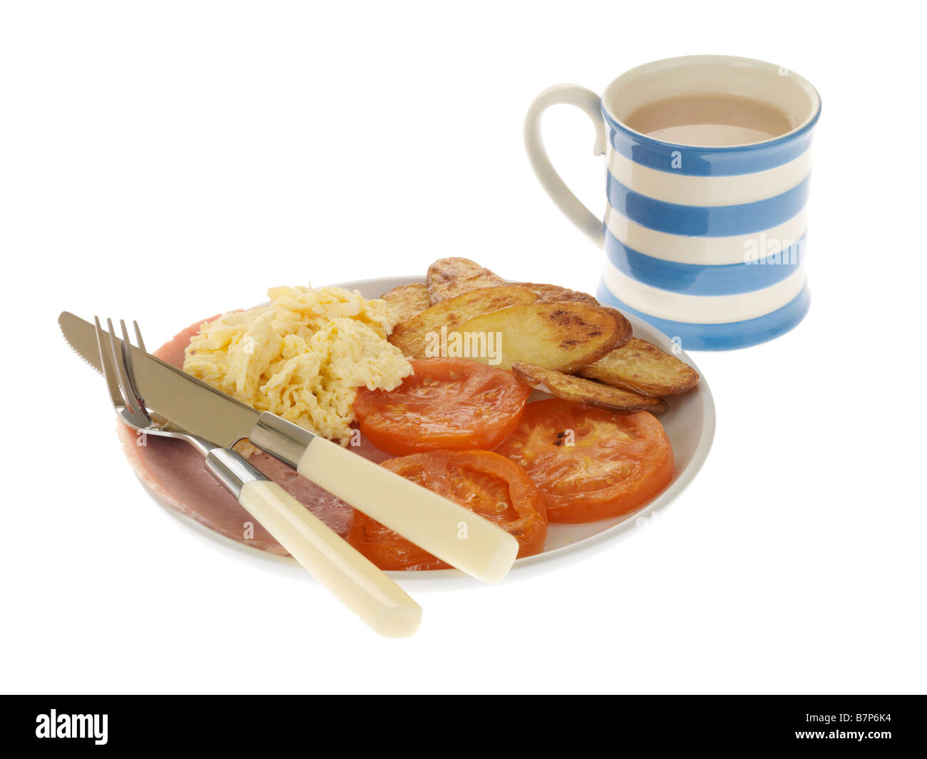 Un petit-déjeuner chaud avec des Œufs brouillés et du jambon Banque D'Images