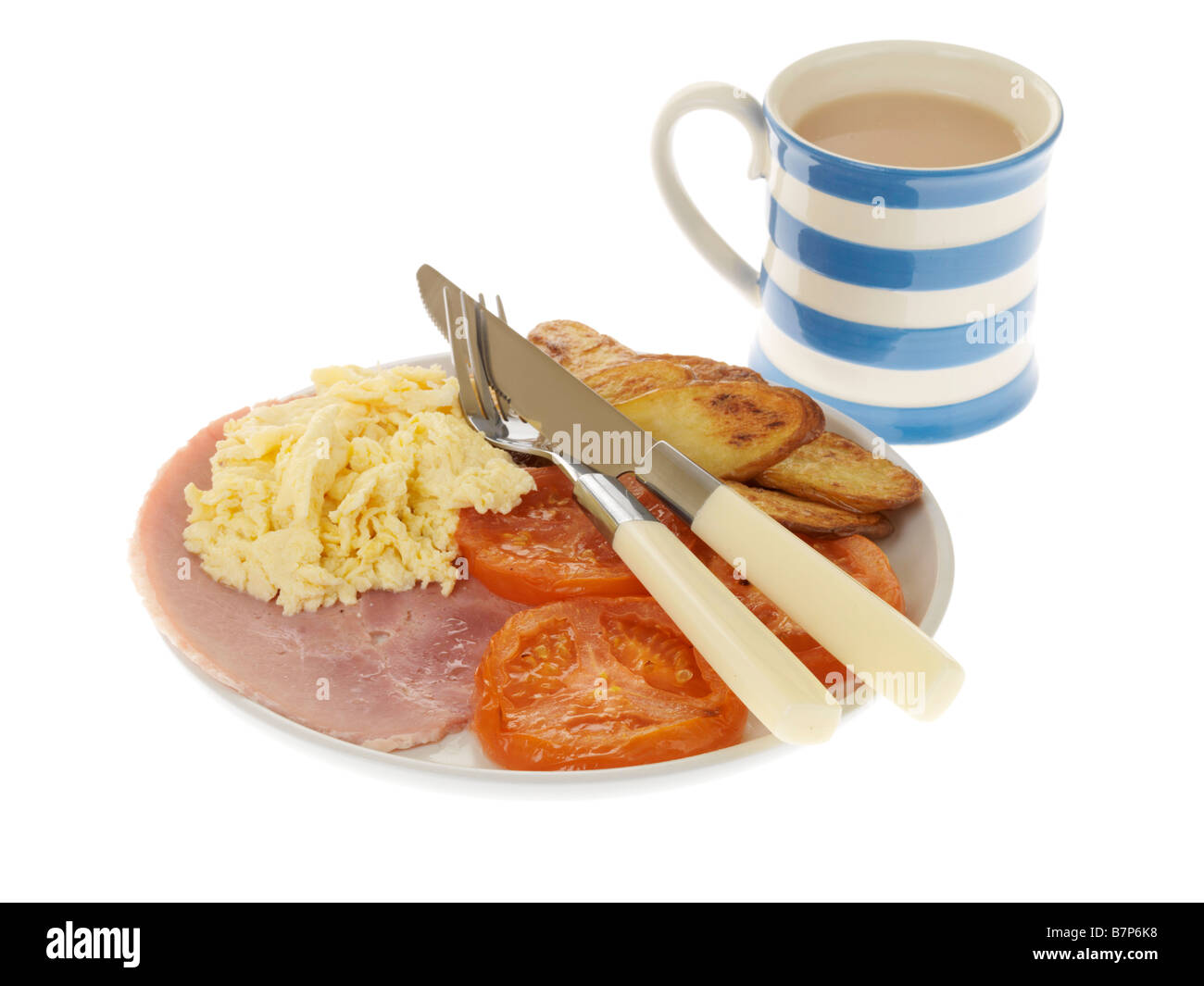 Un petit-déjeuner chaud avec des Œufs brouillés et du jambon Banque D'Images