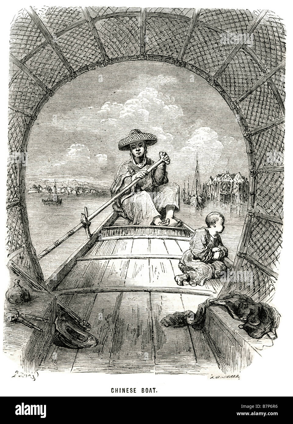 Bateau chinois de l'est Japon Oriental cérémonie japonaise du commerce de transport de l'eau flottant bambou rame assis Banque D'Images