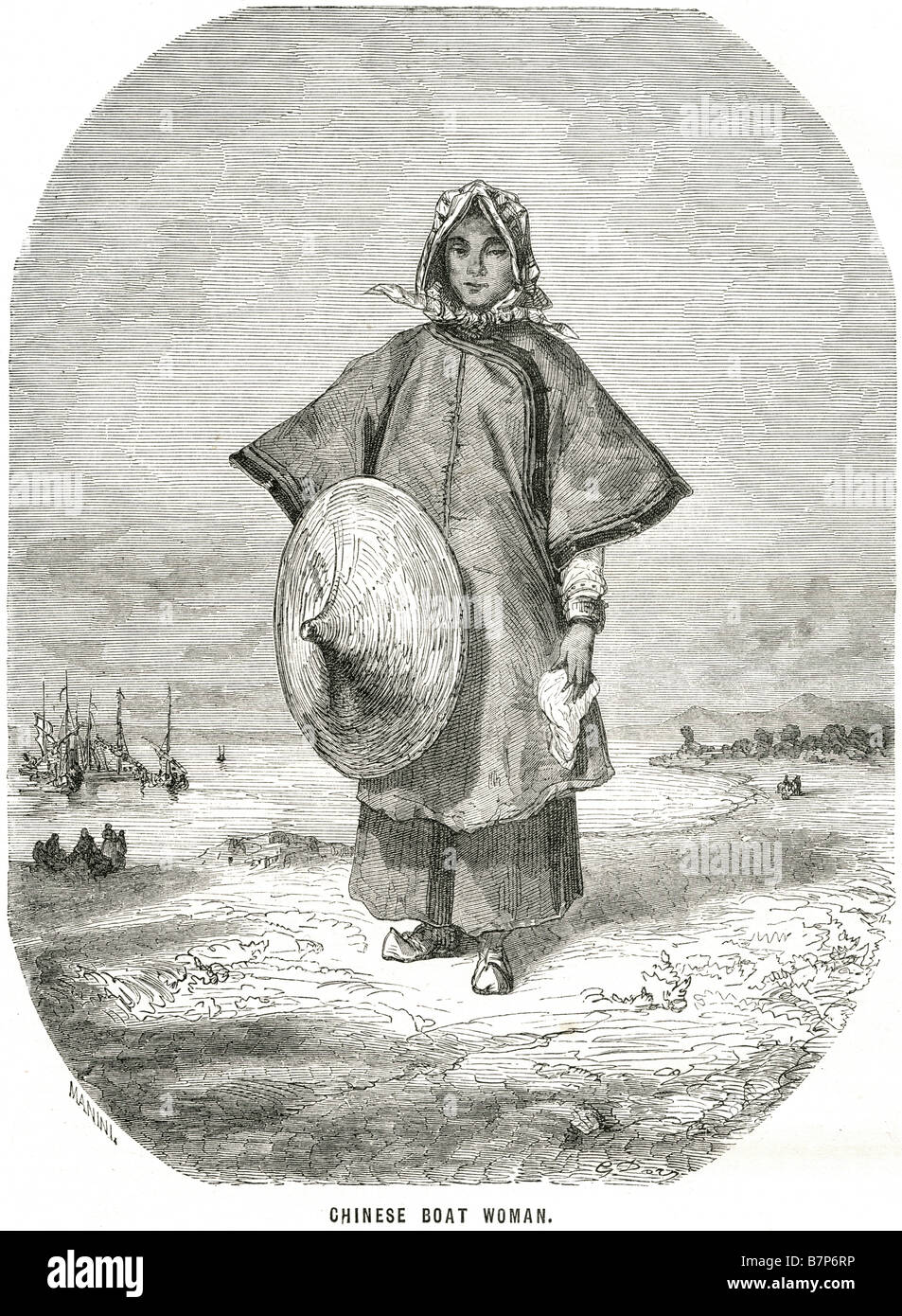 Bateau chinois Chine femme portrait vêtements traditionnels en dehors de hat rivage mer river land bank balades d'été de l'eau port de travail Banque D'Images